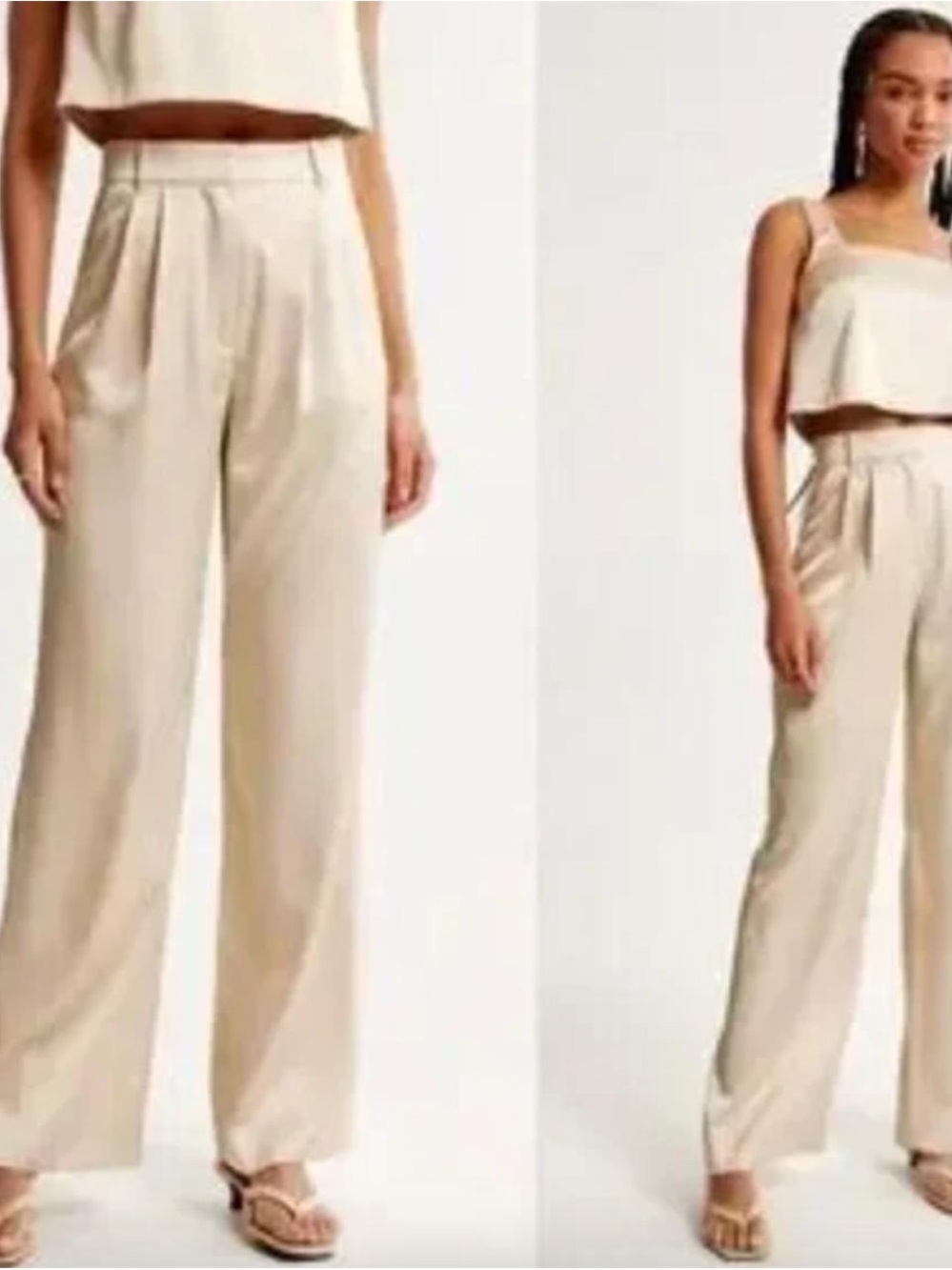 Abercrombie & Fitch Satin Tailored Wide-Leg Pants in Champagne